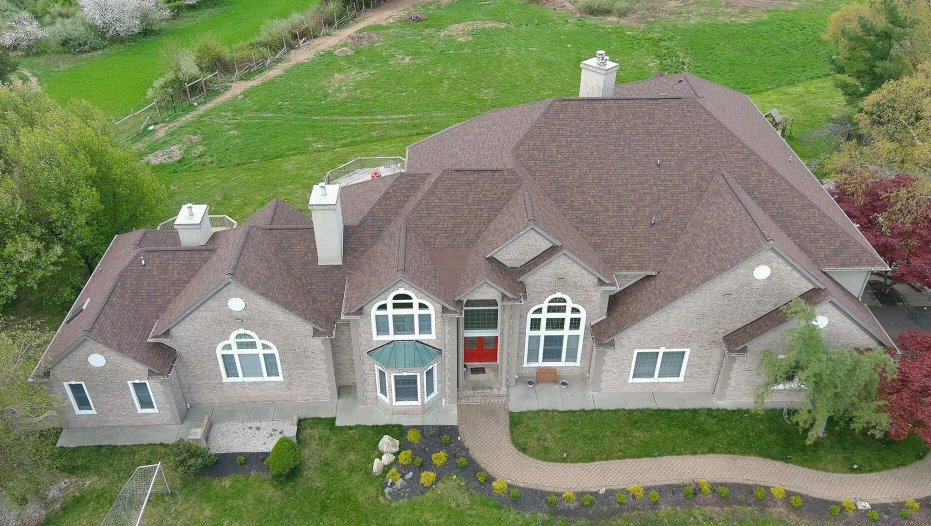 Aerial shot of a home with new roof