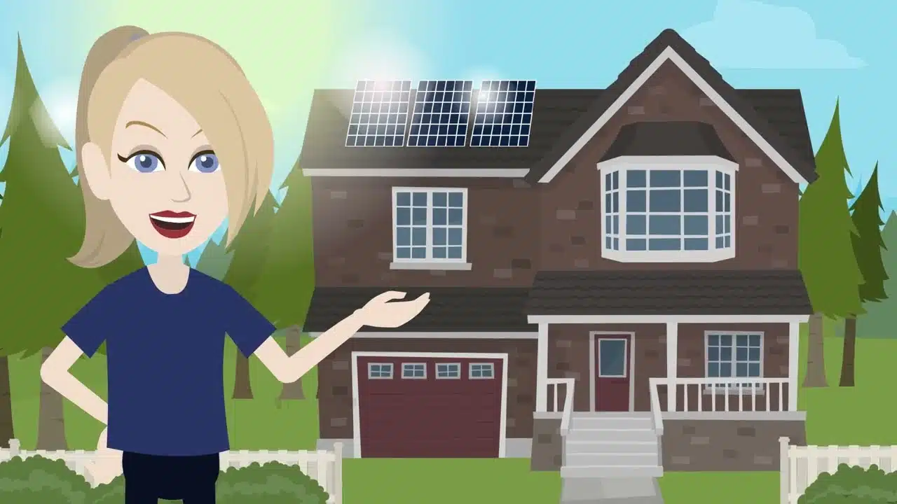 Illustration of a woman standing in front of a house with solar panels