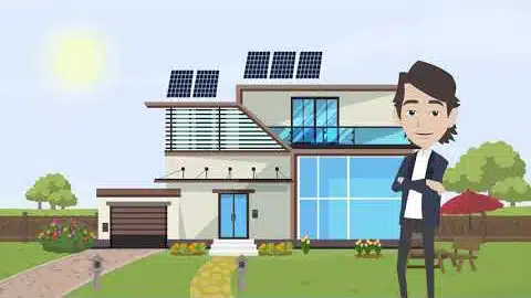 Illustration of a man standing in front of a house with solar panels