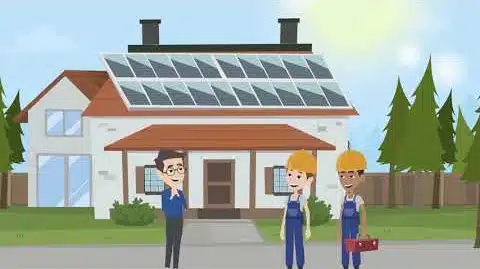 Illustration of a man and workers standing outside of a house with solar panels