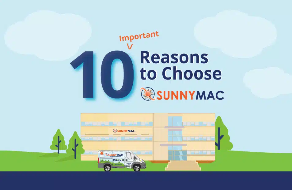 graphic illustration of sunnymac headquarters with words ten important reasons to choose sunnymac